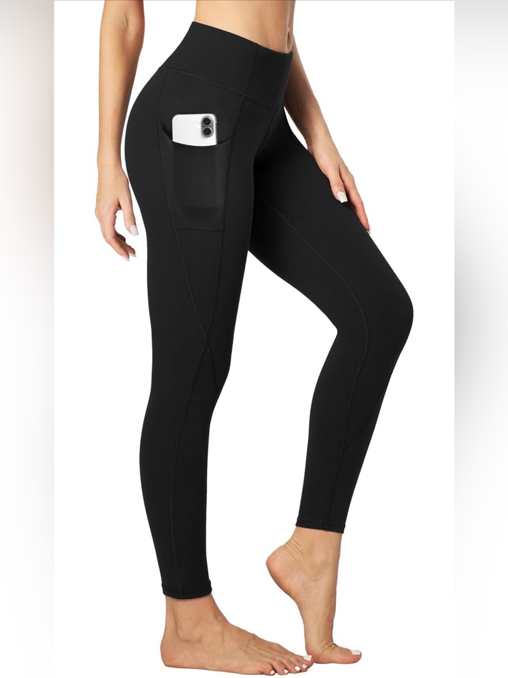 Black High-Rise Leggings with 2 Outer Pockets, Medium